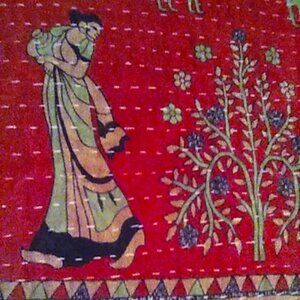 Kantha Quilt Red With Women 56" x 83" Cotton Patchwork Reversible Handmade  K5.